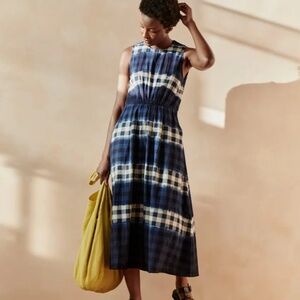 TOAST Dip Dye Stripe Gingham Cotton Dress | Navy/Ecru
